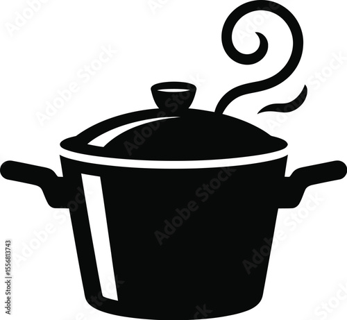 Illustration of a black cooking pot with lid and steam on white background