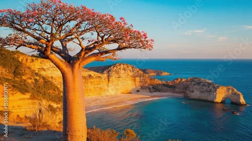 Vibrant Coastal Sunset Landscape with Pink Baobab Tree and Turquoise Ocean