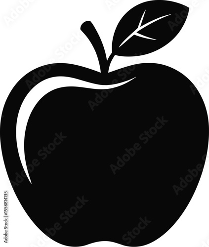 A simple black apple with a leaf and stem on a white background art