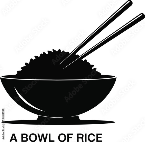 A simple black silhouette of a bowl of rice with chopsticks on white