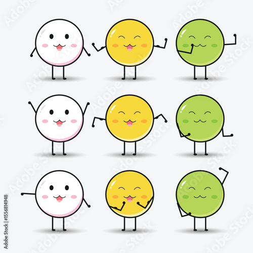 Cute kawaii dango cake character set. Japanese sweet dango cake cartoon dessert. Strong dango with muscles