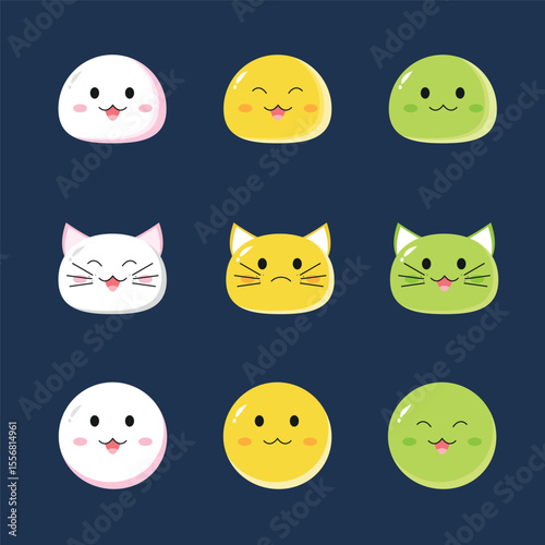 Cute steamed buns, cat, dango icon set. Japanese sweet animal and cake cartoon dessert icons