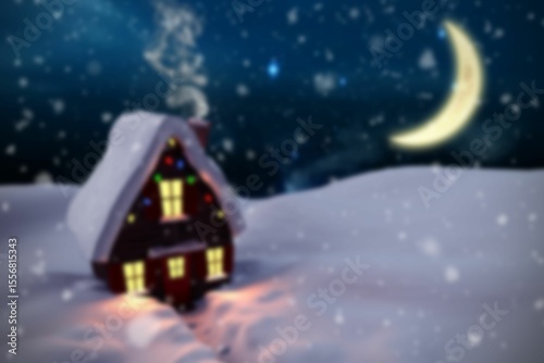 Wooden cabin is glowing as smoke is rising across snowfield under crescent moon in flat design