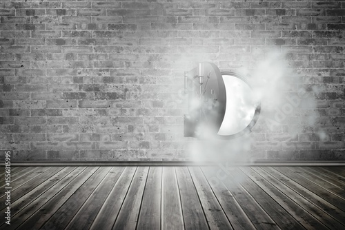 Open safe in dust cloud on brick lined wall