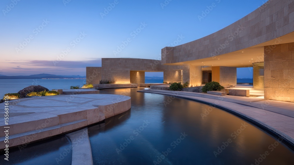 Fototapeta premium A contemporary coastal mansion with sky lounges carved stone patios that curve with the shoreline captured at blue