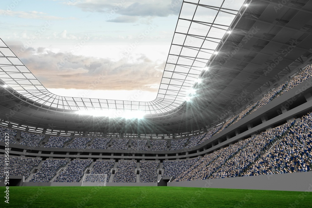 Obraz premium Showing flat soccer stadium under partly cloudy sky with glass roof, floodlights, goalpost, pitch