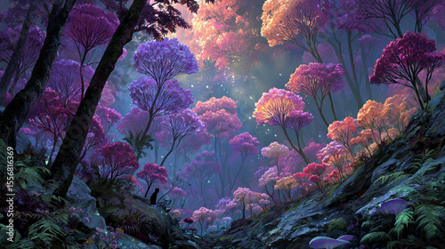 Enchanted Forest: A dreamy and surreal landscape of an fantastical forest with vibrant, colorful trees, creating a magical atmosphere and evokes a sense of wonder and escape. 
