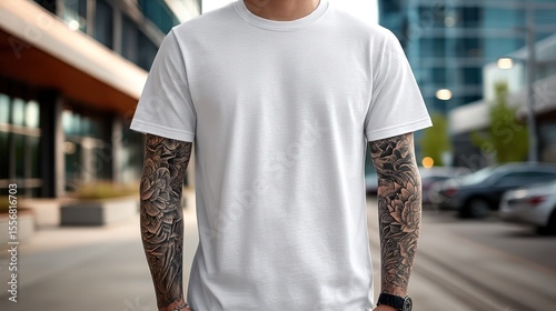 Man in white t-shirt with tattoos
