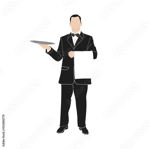 Vector illustration of two elegant waiters wearing classic black uniforms with bow ties. One waiter is standing formally with a serving tray and napkin Perfect for restaurant, hospitality, catering