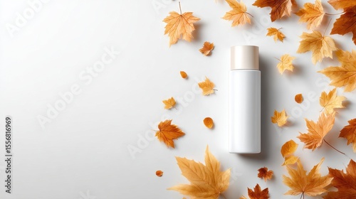 Minimalist beauty product surrounded by autumn leaves.