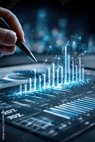 Hand pointing at glowing bar graph