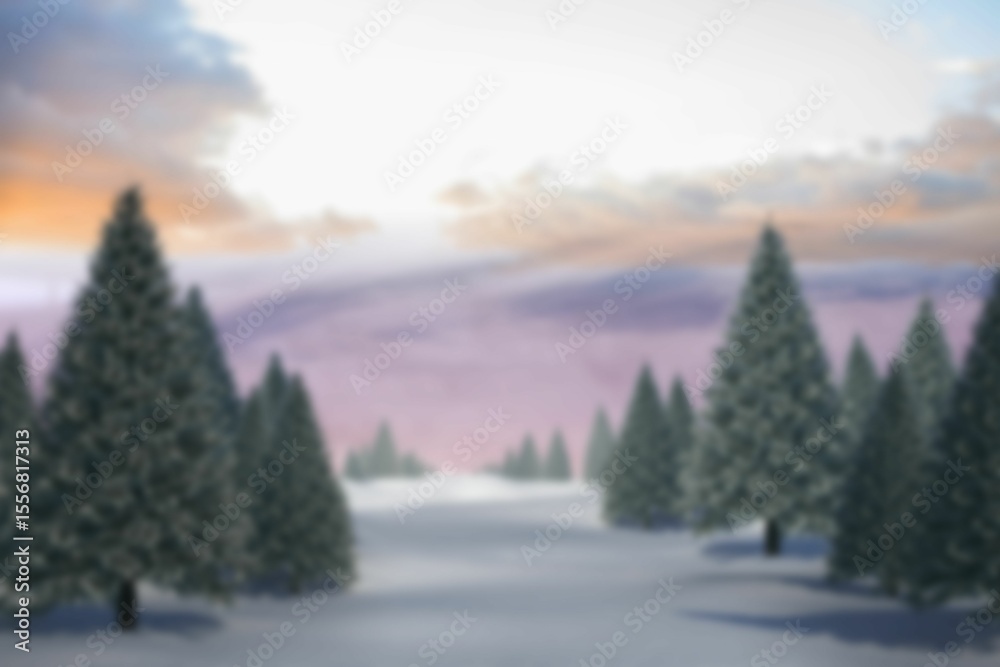 Obraz premium Flat design is showing evergreens in rows around snowy clearing under sunset clouds