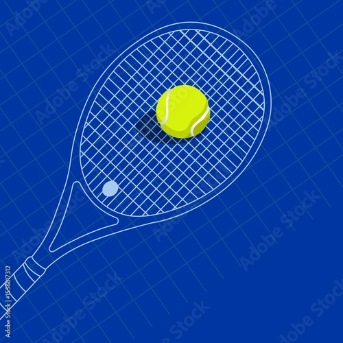 Image of tennis ball on tennis racket on blue background