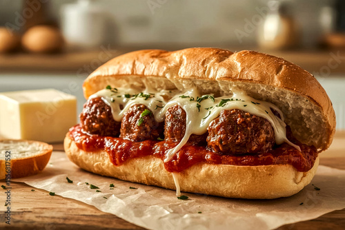A close-up shot of a hearty meatball sub sandwich featuring tender meatballs in rich marinara sauce topped with melted mozzarella cheese and a sprinkle of parsley