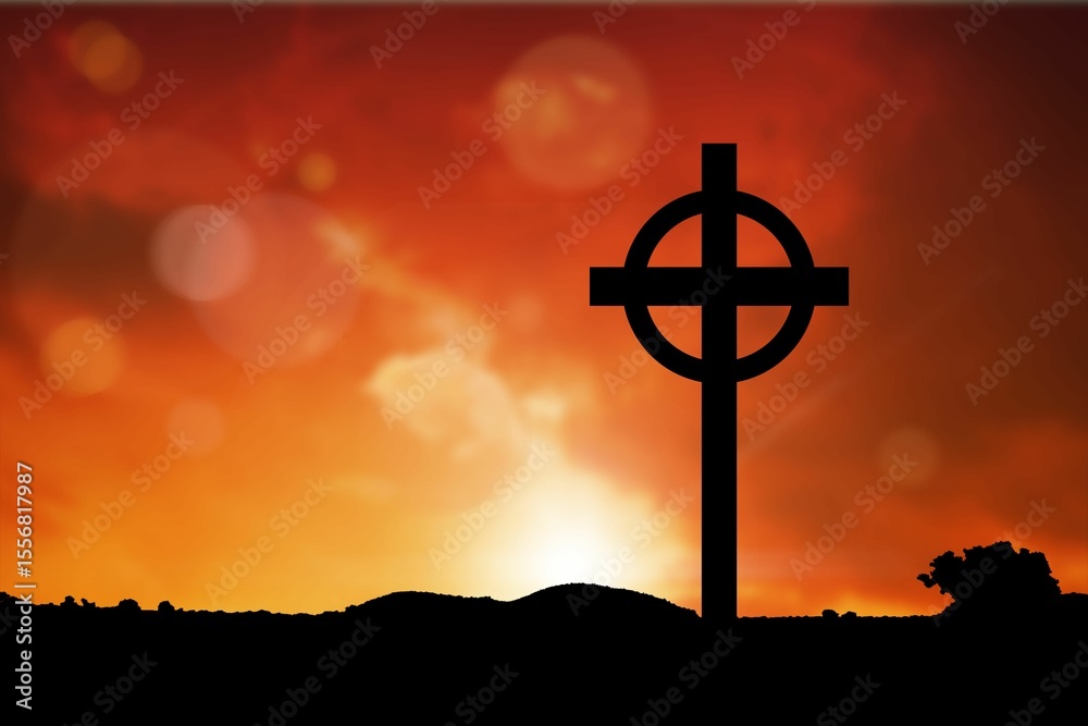 Obraz premium Cross religion symbol shape over sunset sky