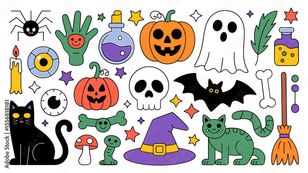 Naklejka premium Vector art of halloween icons featuring pumpkins cats ghosts and other spooky elements