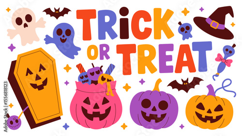 Vector art of halloween trick or treat elements isolated on white background