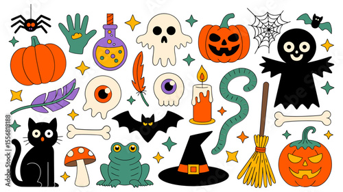 Vector art of halloween themed icons with pumpkins ghosts cats and other spooky things photo