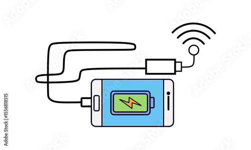 A smartphone is shown charging with a lightning bolt icon in its battery. A cable connects it to a device emitting a wireless signal, indicating connectivity during charge.