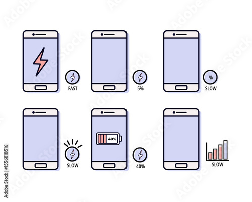 Various smartphone icons illustrating battery charging modes (fast, slow) and battery levels (5%, 40%). Visuals include lightning bolts and percentage displays.