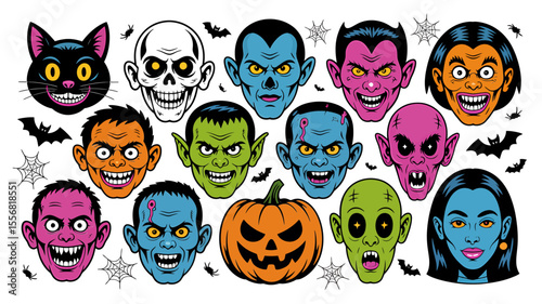 Vector art of cartoon halloween monster faces isolated on white background