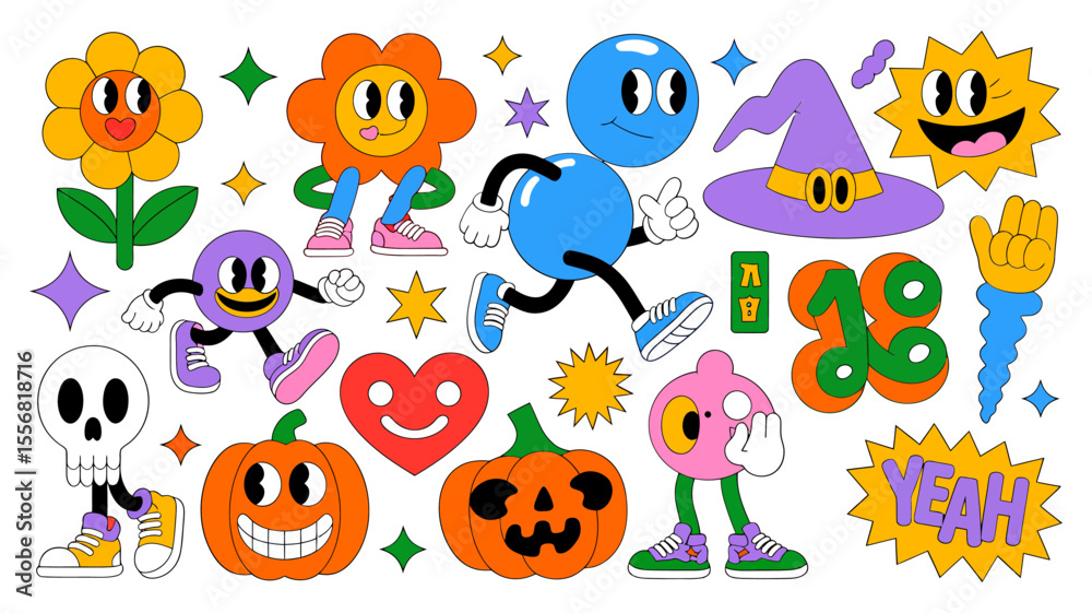 Obraz premium Vector art of retro cartoon halloween characters isolated on white background