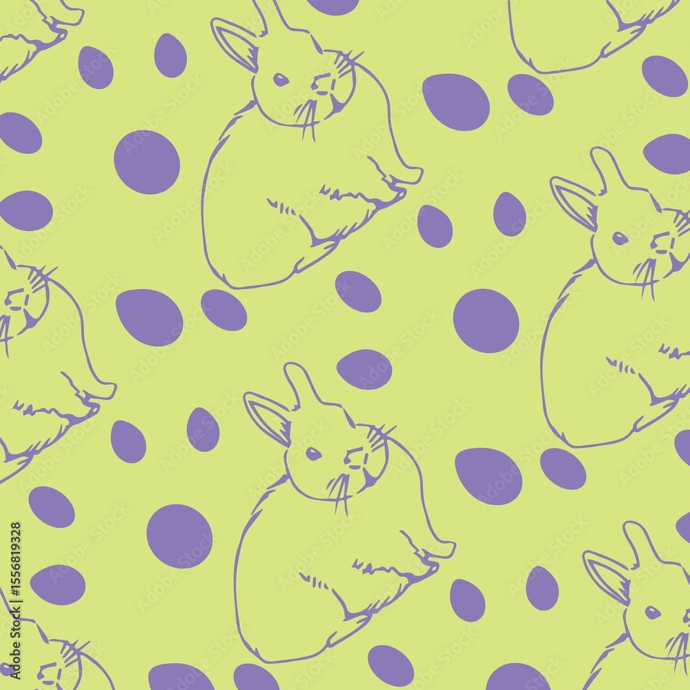 Obraz premium Central purple line-drawn rabbit is featuring in pale green sketch-style pattern with purple ovals