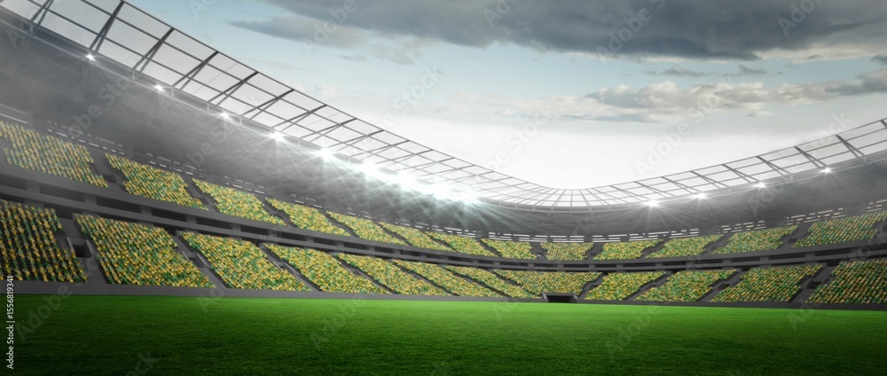 Obraz premium Flat design stadium interior showing grass pitch with yellow green seats, featuring floodlights