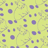 Central purple line-drawn rabbit is featuring in pale green sketch-style pattern with purple ovals