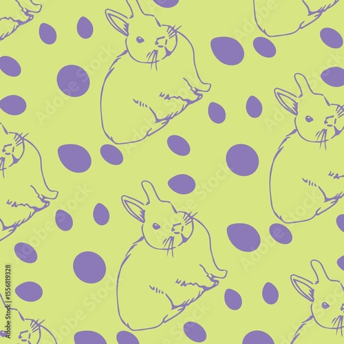 Central purple line-drawn rabbit is featuring in pale green sketch-style pattern with purple ovals