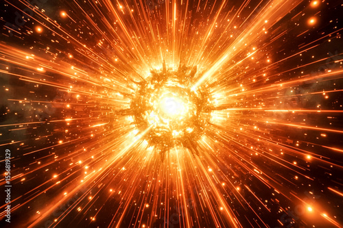 A vibrant energetic depiction of a celestial event with a bright central core radiating intense orange light and numerous streaking particles across a dark star-filled expanse