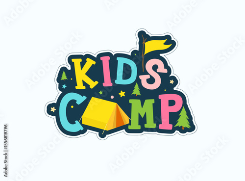 Wallpaper Mural Playful kids camp logo featuring colorful text camping tent yellow flag and pine trees ideal for school activity sticker or fun badge design Torontodigital.ca