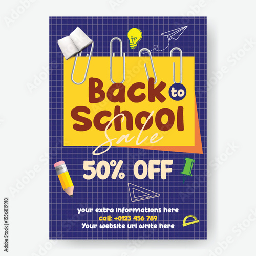 Back to school Sale discount offer, Back to school party poster, school admission poster, preschool, educational flyer or poster background vector template with white blank space for text