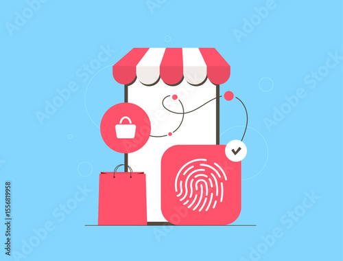 Biometric authentication in e-commerce with secure fingerprint scan, digital identity check, mobile shopping protection. Secure online store concept for biometric authentication vector illustration
