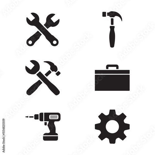 Repair tools icon set in black and white, including wrench, gear, toolbox, screwdriver, hammer vector illustration on white background
