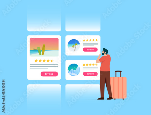 Travel booking platform with vacation deals, trip rating and destination reviews. Traveler browsing travel booking options with suitcase and buy now buttons. Travel booking flat vector illustration