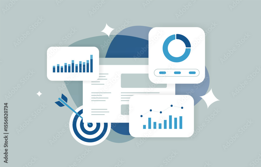 Marketing analytics dashboard with performance graphs, conversion metrics and campaign reports. Digital marketing analytics to track results with marketing analytics dashboard vector illustration