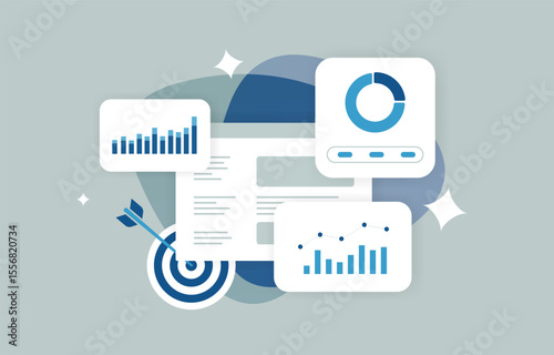 Marketing analytics dashboard with performance graphs, conversion metrics and campaign reports. Digital marketing analytics to track results with marketing analytics dashboard vector illustration