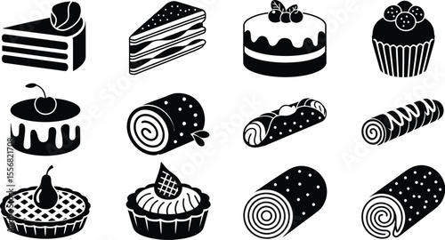 Assorted black and white dessert icons of cakes pies and pastries set