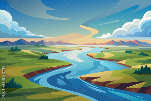 Serene River Delta Vector Winding Waterways & Soft Cloud Shadows