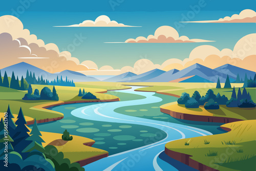 Serene River Delta Vector Winding Waterways & Soft Cloud Shadows