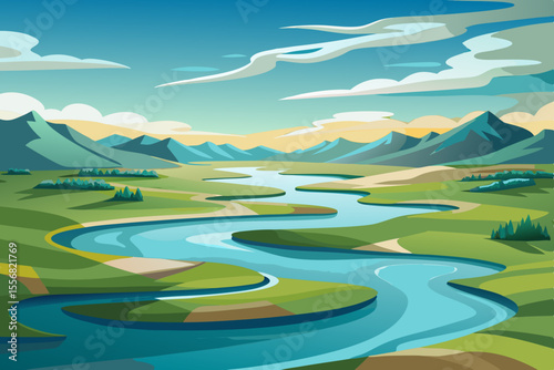 Serene River Delta Vector Winding Waterways & Soft Cloud Shadows