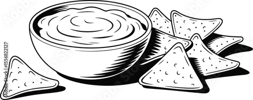 A bowl of dip with tortilla chips in a black and white illustration