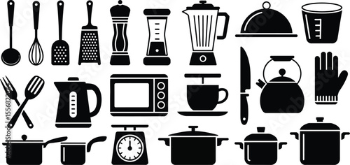 Assorted black kitchenware icons on a white background illustration