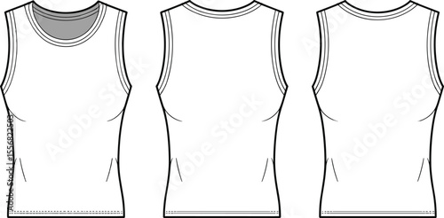 Classic Women's Tank Top Flat Sketch, Sleeveless Crew Neck Design for Basic Casual Wear, Fashion Apparel Template for Layering and Summer Outfits.