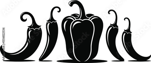 Black silhouette of peppers and bell pepper on a white background