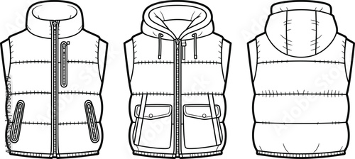  Unisex Puffer Vest Flat Sketch, Quilted Design with Zipper, Hooded and Stand Collar Options, Fashion Apparel Template for Outdoor and Casual Wear.