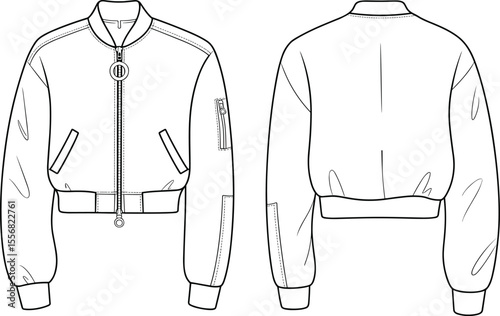 Trendy Cropped Bomber Jacket Flat Sketch, Women's Fashion Design with Zipper and Utility Pocket, Apparel Template for Stylish Streetwear and Casual Outfit.