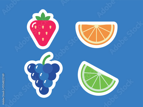 Flat Design Four Assorted Fruits Strawberry Orange Grapes Lime Icon Set