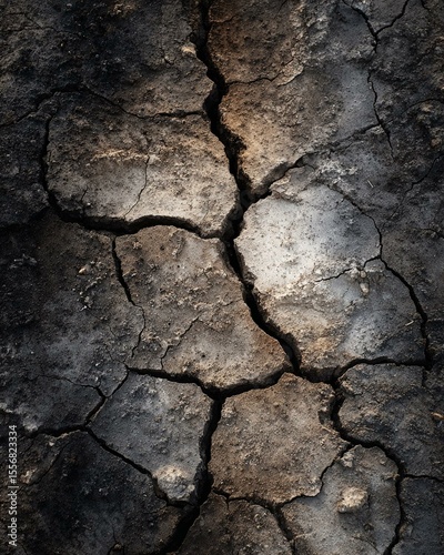 Close-up of cracked dry soil with textured earth tones